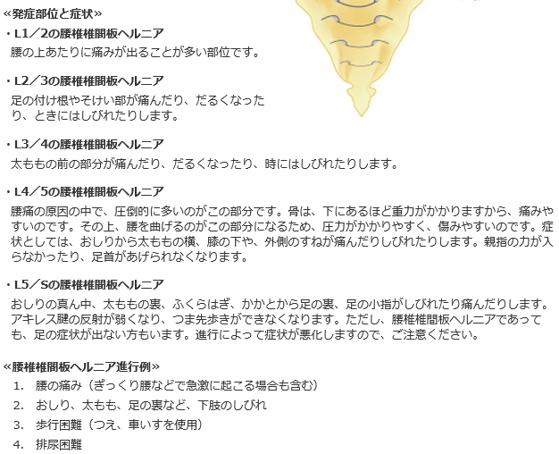 部位別の椎間板ヘルニアの症状の説明画像